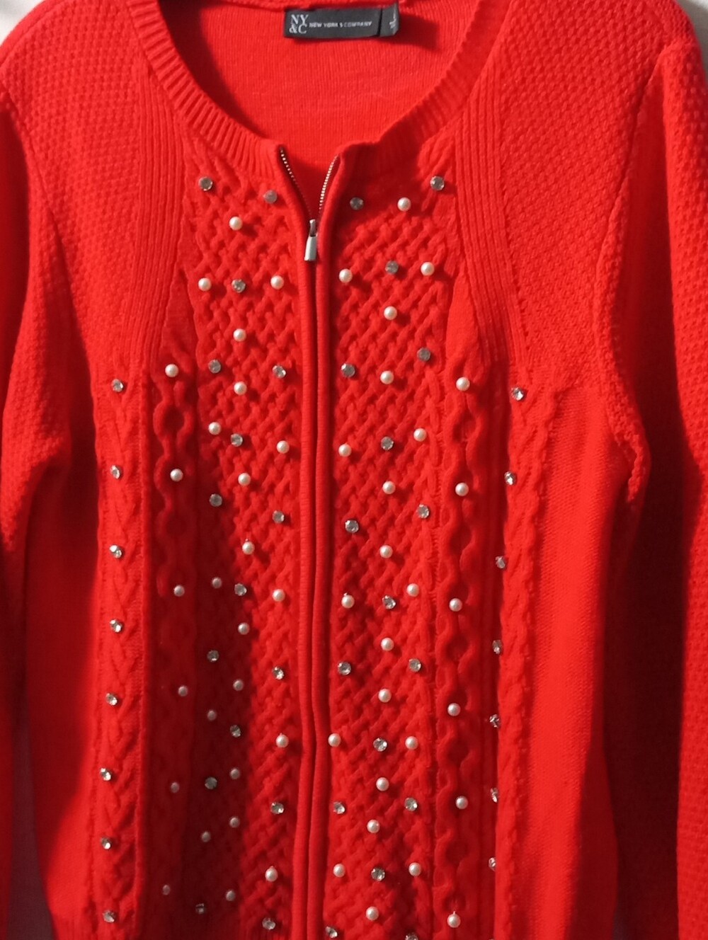 New York & Company Red Embellished Zip-Front Cardigan - Picture 2 of 5